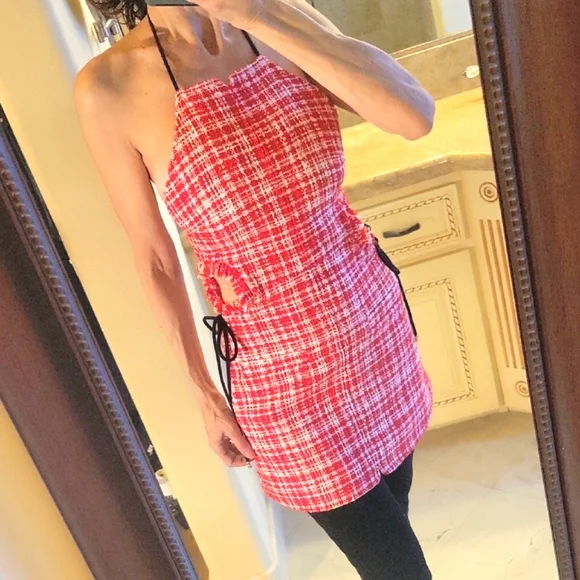Self-Portrait Red & White Plaid Sleeveless Halter Mini Dress, Sz 0 - Picture 3 of 17